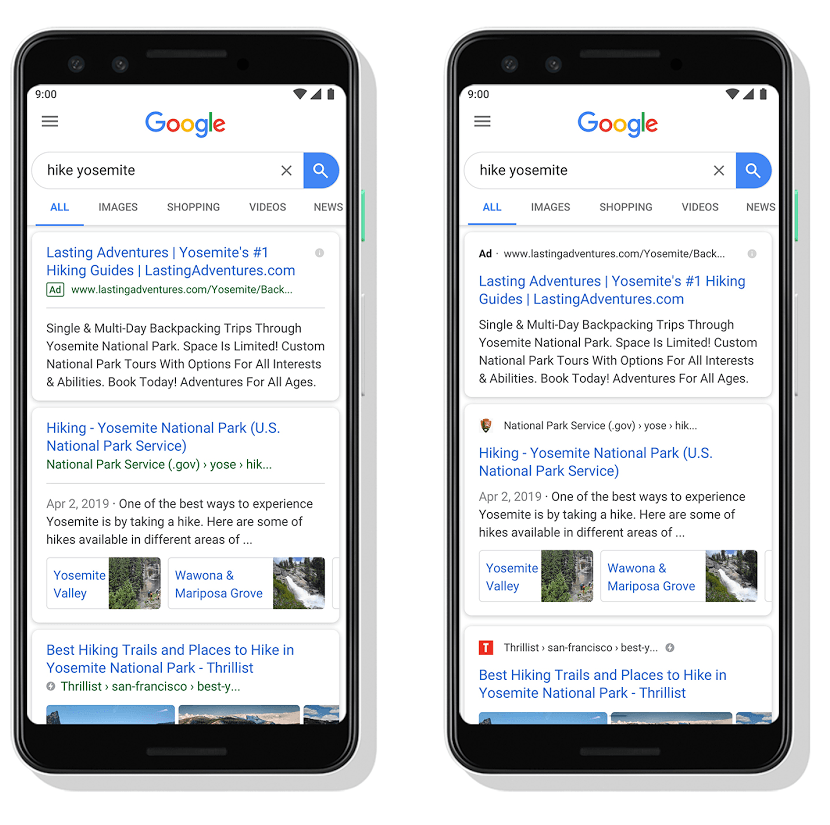 google zoekresultaten zonder en met favicon